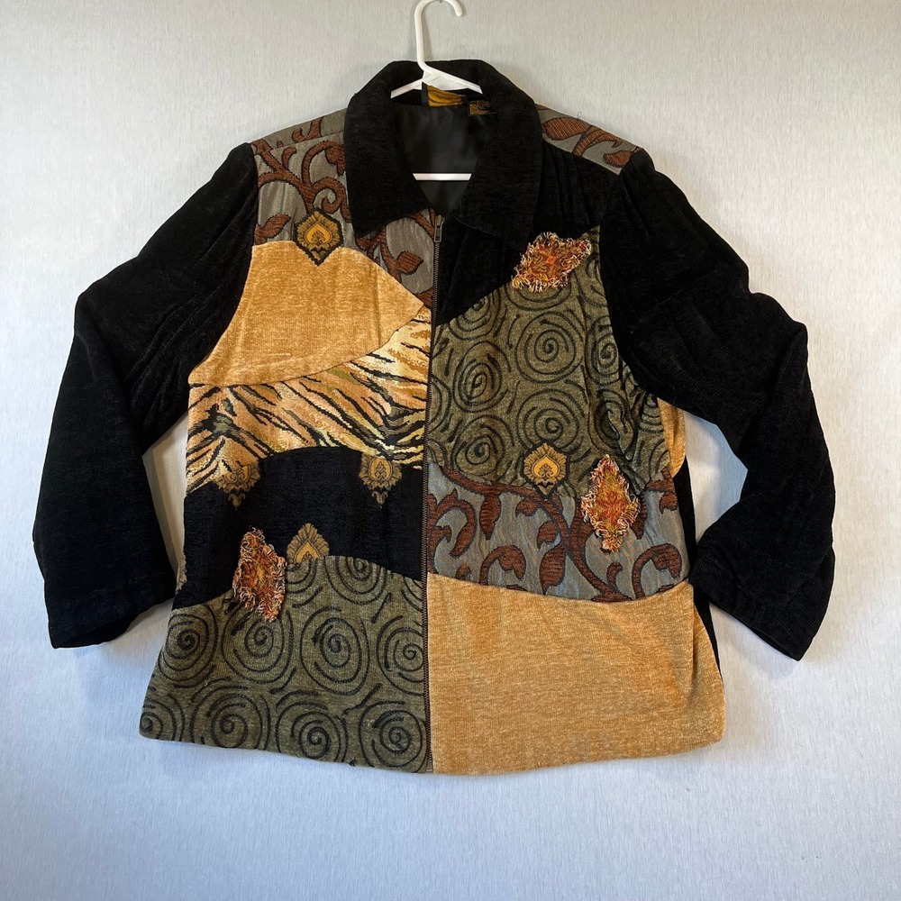 Vintage Allure Jacket Women XL Patchwork Tapestry Chenille Zip Up BOHO